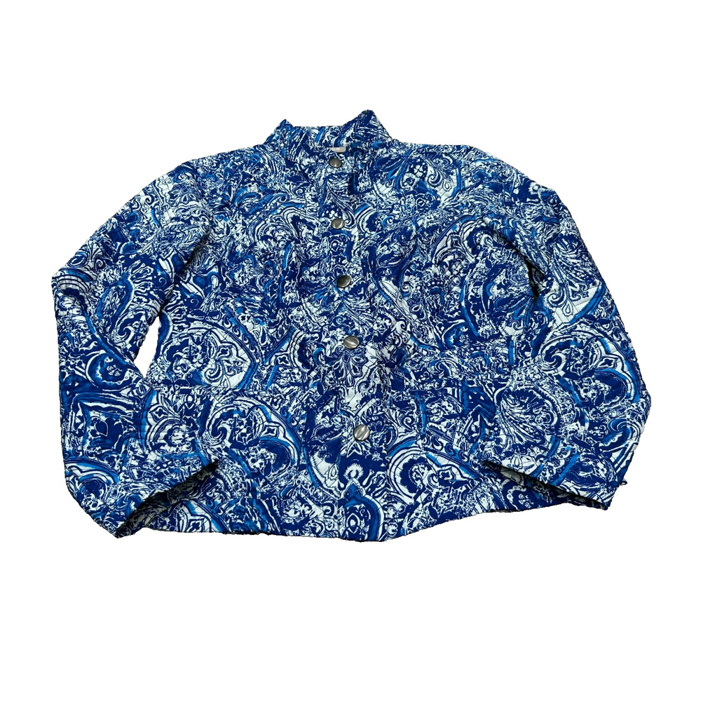 Chico's Women's Blue White Paisley Quilted Snap Button Casual Jacket Size 1/M